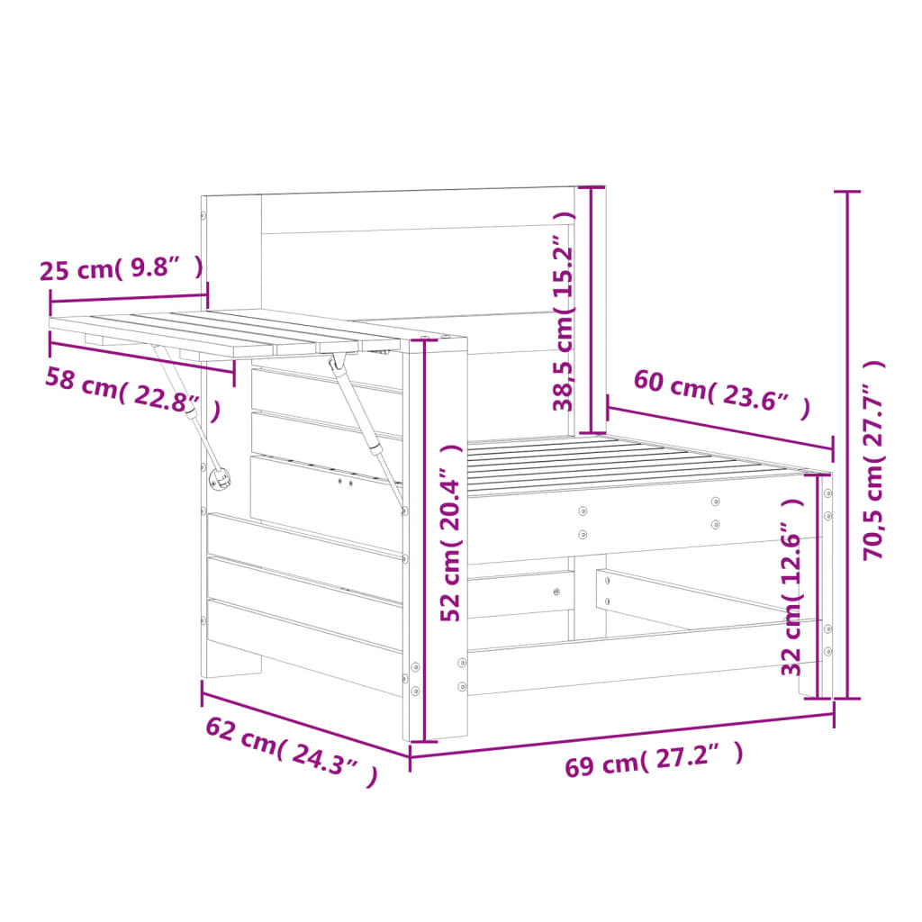 Sofá de jardín con reposabrazos y mesa auxiliar fabricado en madera de pino