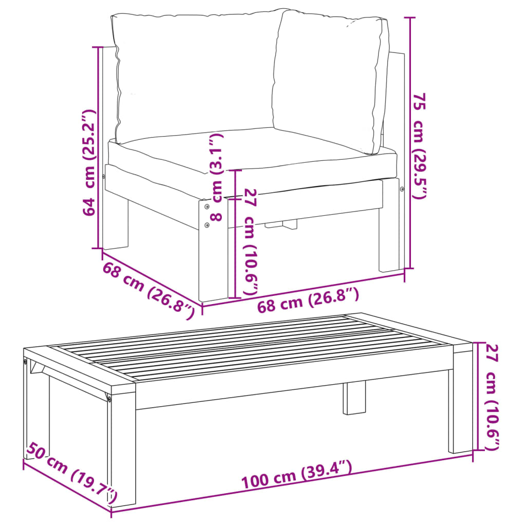 2-tlg. Garten-Sofa-Set mit Kissen Massivholz Akazie