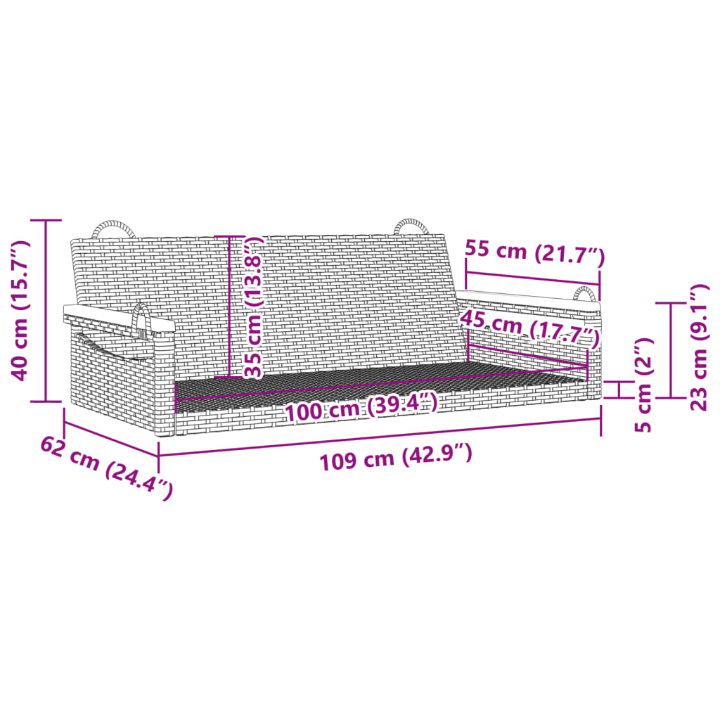 Hängebank Grau 109x62x40 cm Poly Rattan