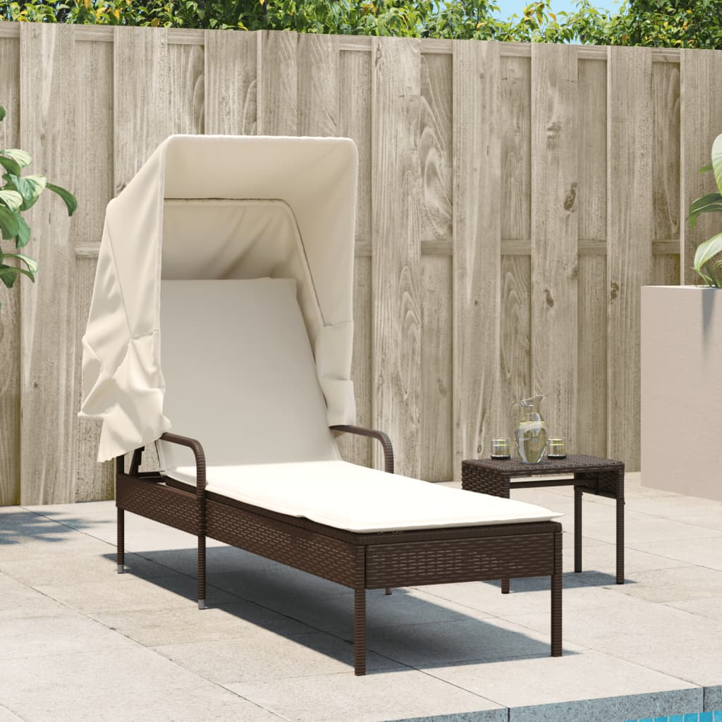 Sonnenliege mit Dach Braun Poly Rattan