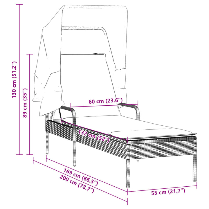 Sonnenliege mit Dach Braun Poly Rattan