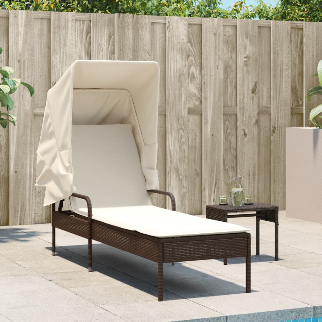 Sonnenliege mit Dach und Tisch Braun Poly Rattan