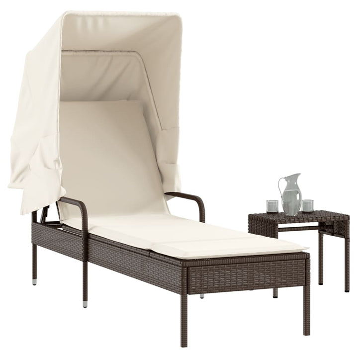 Sonnenliege mit Dach und Tisch Braun Poly Rattan