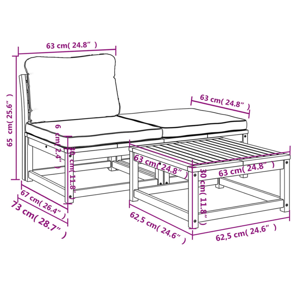 3 uds. Conjunto de salón de jardín con cojines de madera maciza de acacia.