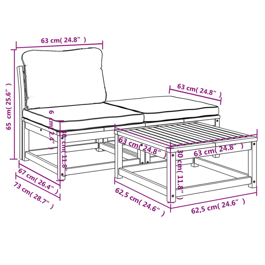 3 uds. Conjunto de salón de jardín con cojines de madera maciza de acacia.