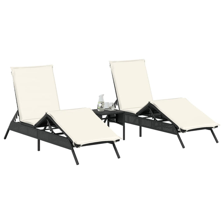 Sonnenliegen 2 Stk. mit Tisch Schwarz Poly Rattan