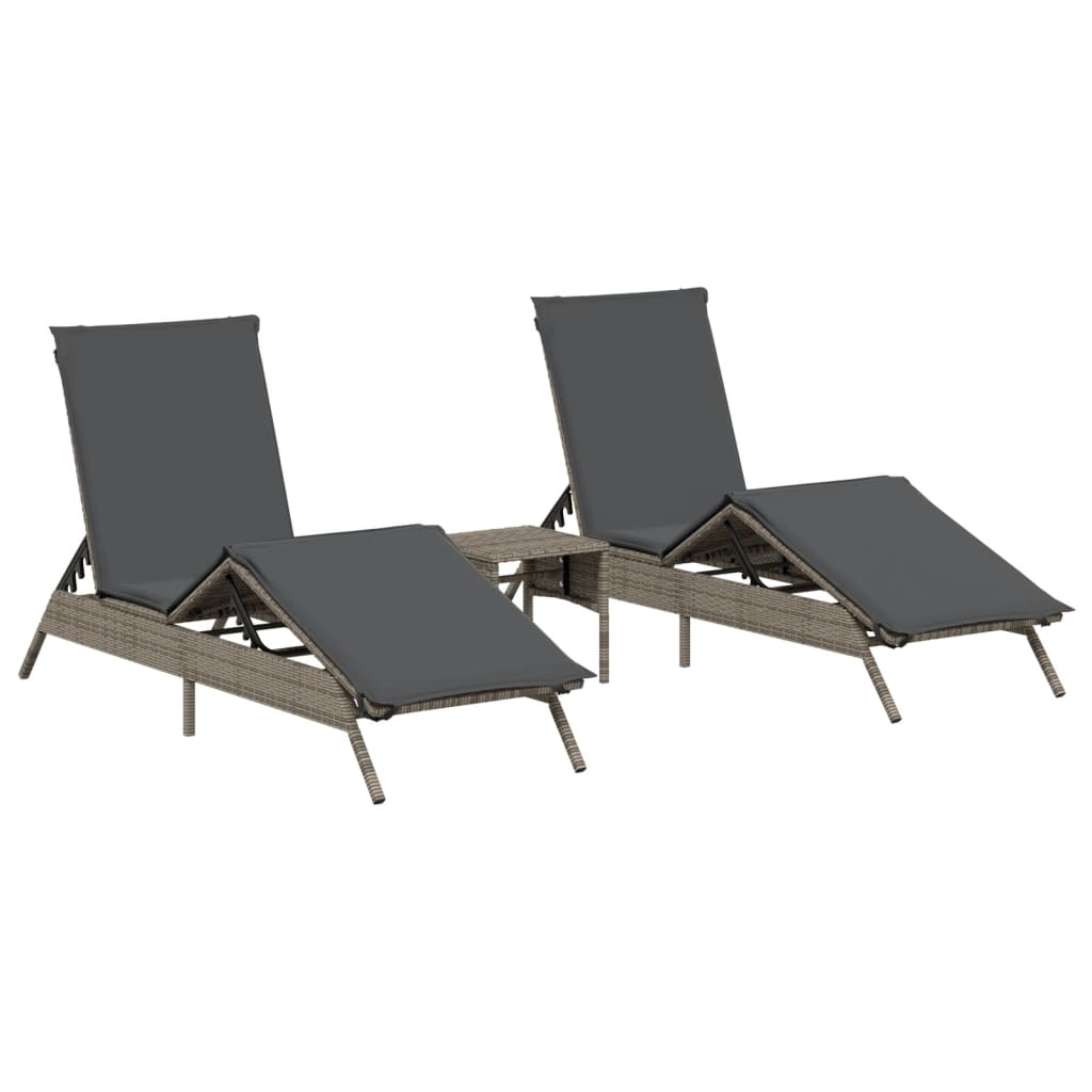 Sonnenliegen 2 Stk. mit Tisch Grau Poly Rattan