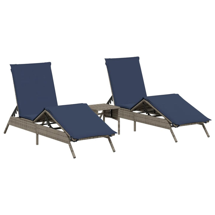 Sonnenliegen 2 Stk. mit Tisch Grau Poly Rattan