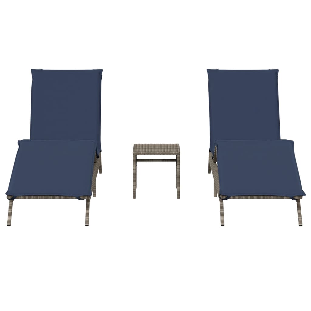 Sonnenliegen 2 Stk. mit Tisch Grau Poly Rattan