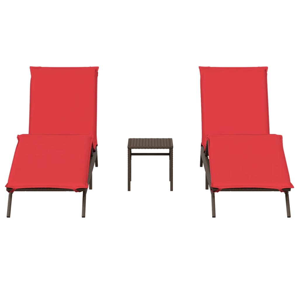 Sonnenliegen 2 Stk. mit Tisch Braun Poly Rattan