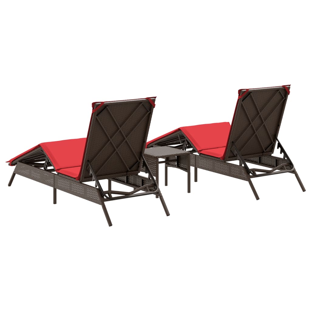 Sonnenliegen 2 Stk. mit Tisch Braun Poly Rattan