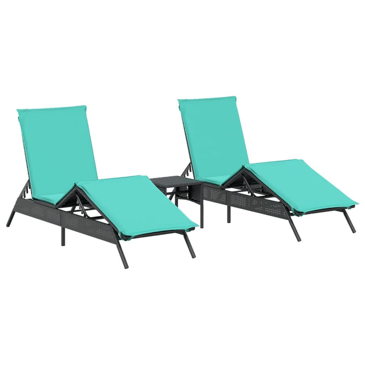 Sonnenliegen 2 Stk. mit Tisch Schwarz Poly Rattan