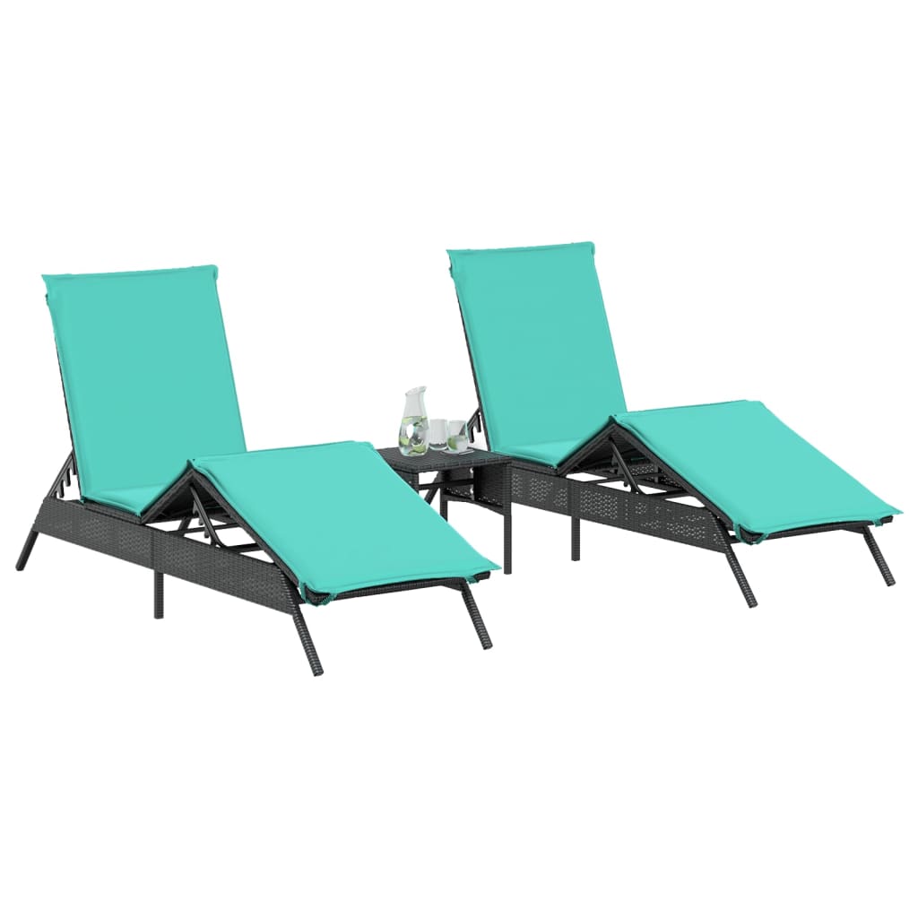 Sonnenliegen 2 Stk. mit Tisch Schwarz Poly Rattan