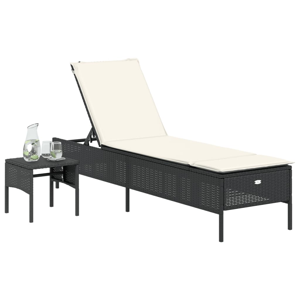 Sonnenliege mit Tisch und Auflage Schwarz Poly-Rattan