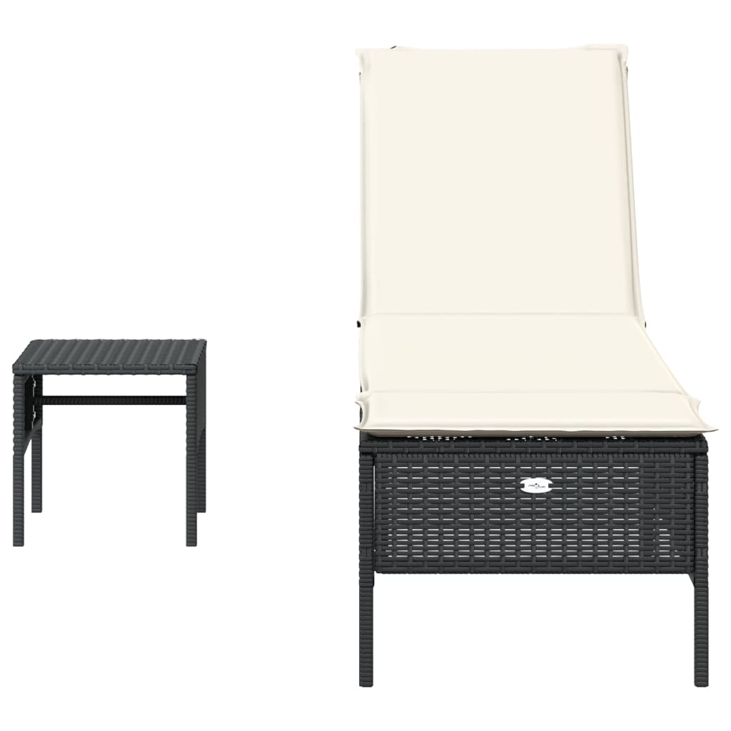 Sonnenliege mit Tisch und Auflage Schwarz Poly-Rattan