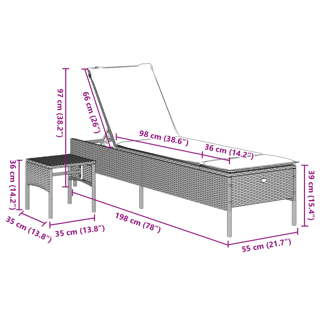 Sonnenliege mit Tisch und Auflage Grau Poly Rattan