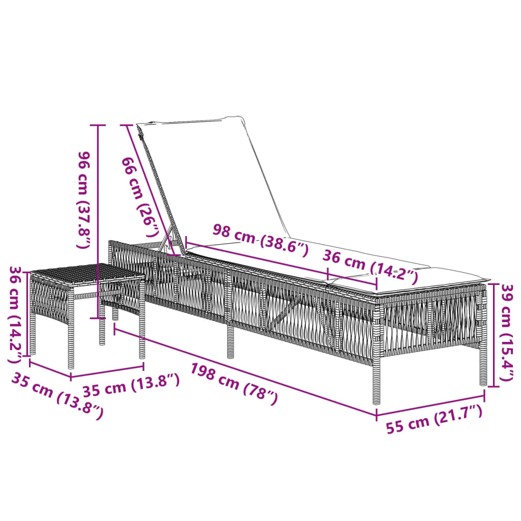 Sonnenliegen 2 Stk. mit Tisch Schwarz Poly Rattan