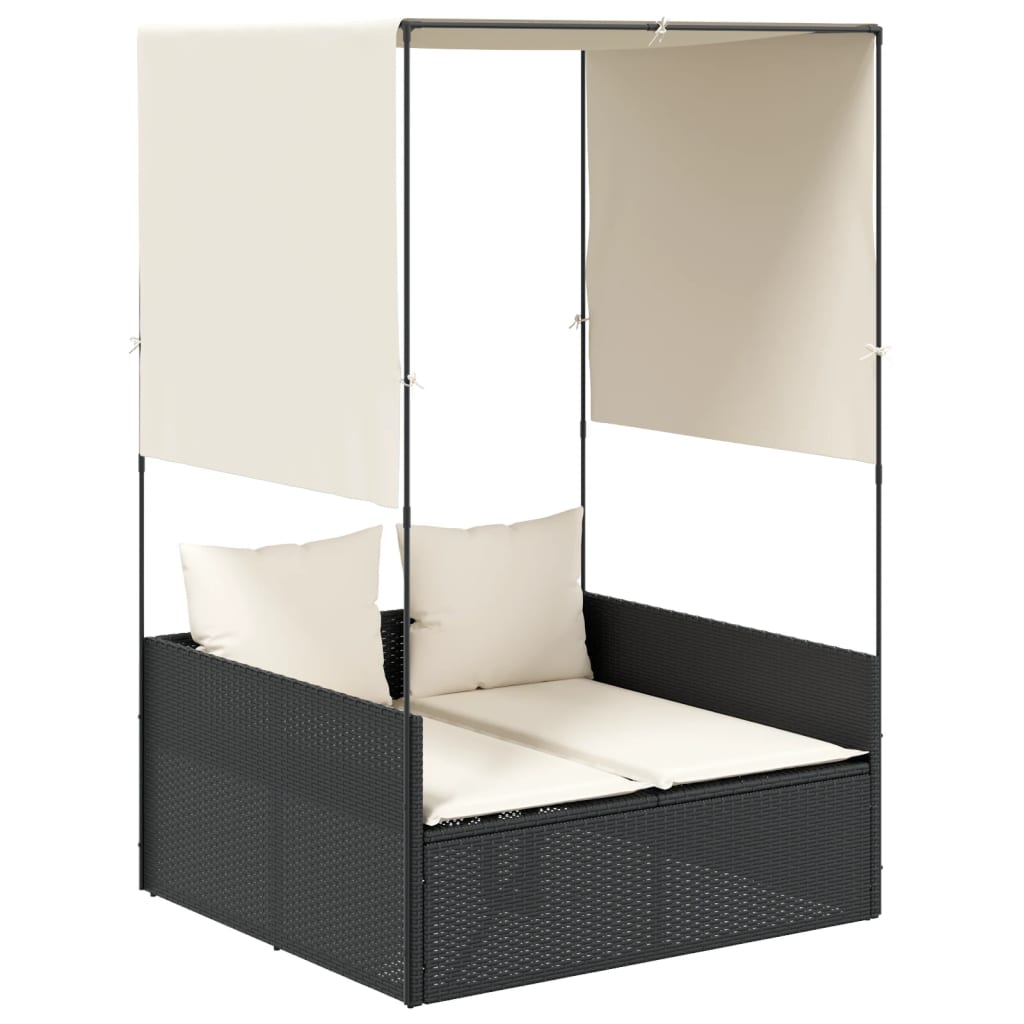 Tumbona doble con techo y cortinas Poly Rattan Negro