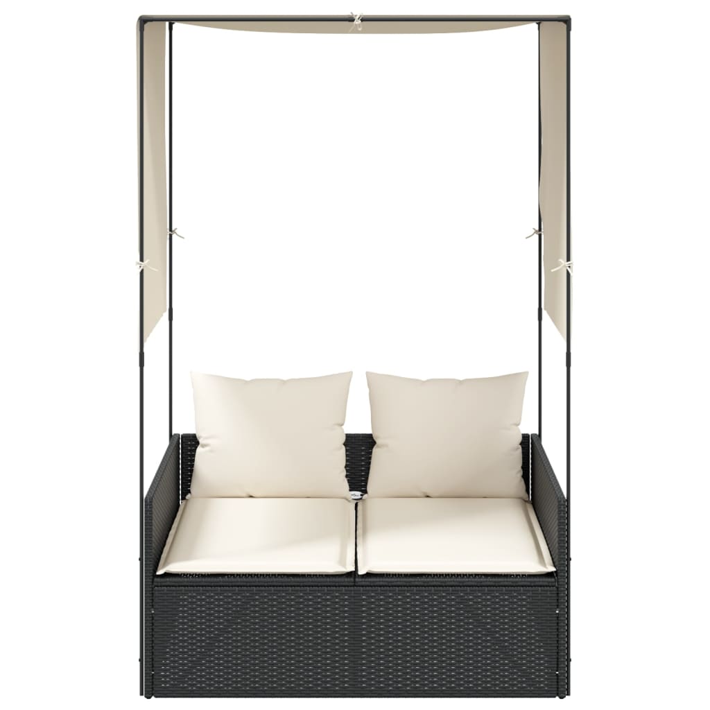 Tumbona doble con techo y cortinas Poly Rattan Negro