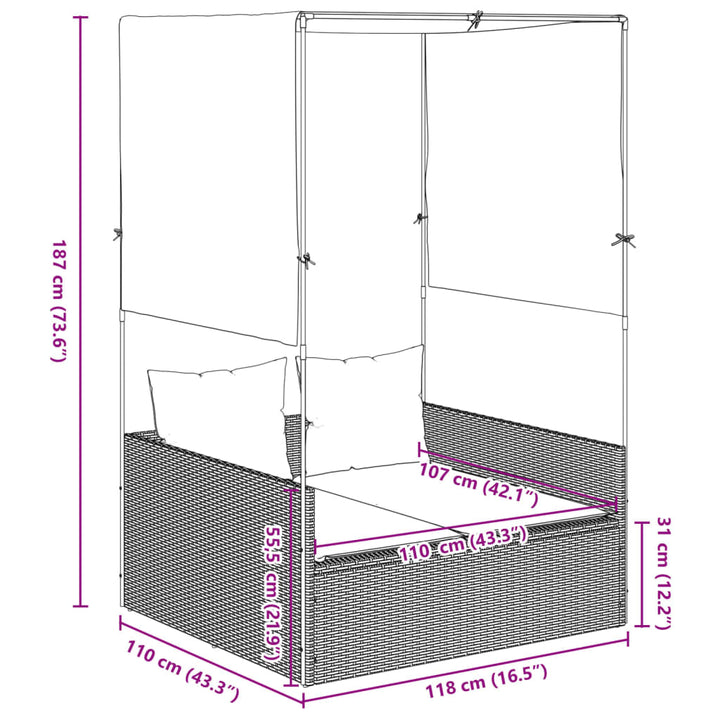 Tumbona doble con techo y cortinas Poly Rattan Negro