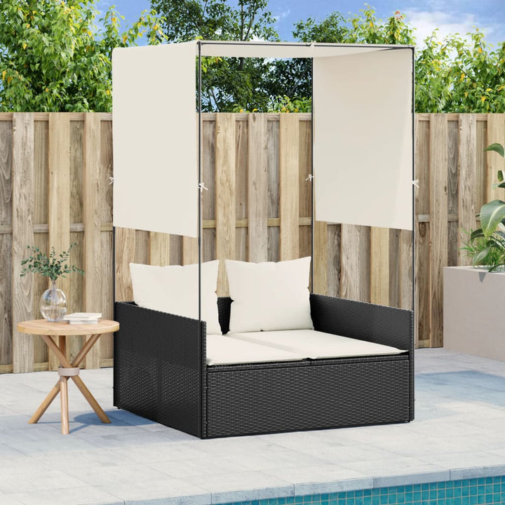 Tumbona doble con techo y cortinas Poly Rattan Negro