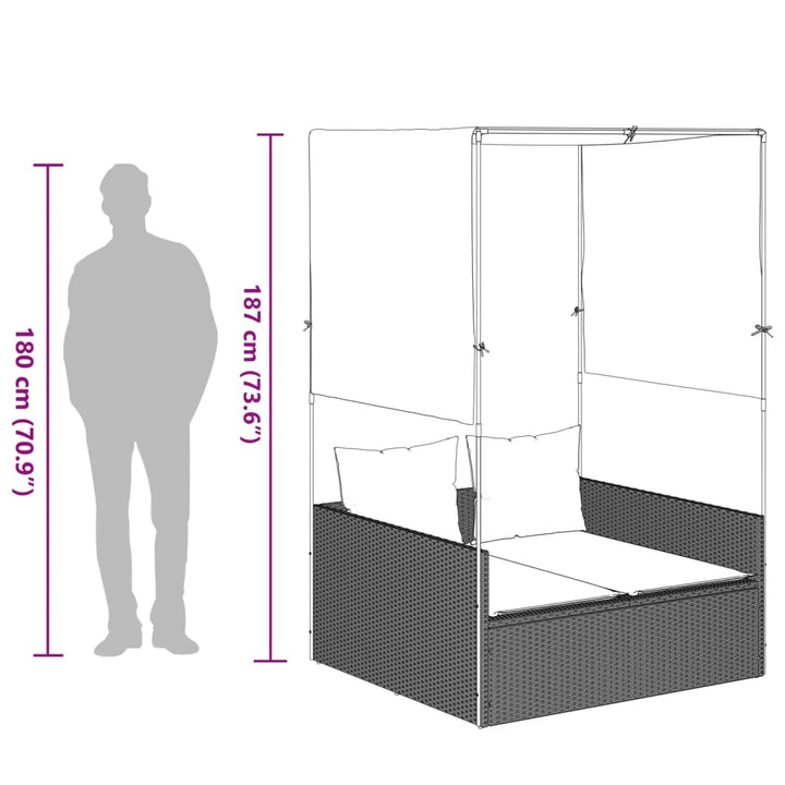 Doppel-Sonnenliege mit Dach und Vorhängen Hellgrau Poly Rattan