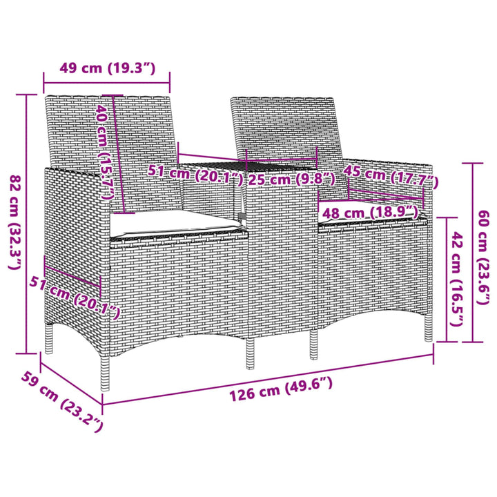 Sofá de jardín 2 plazas con mesa y cojines polirratán beige