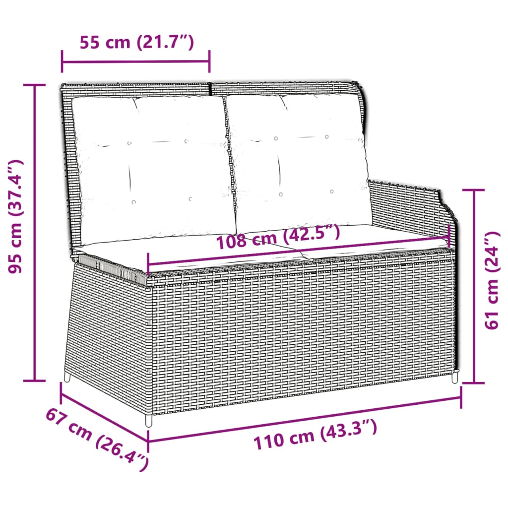 Gartenbank Verstellbar mit Kissen Schwarz Poly Rattan