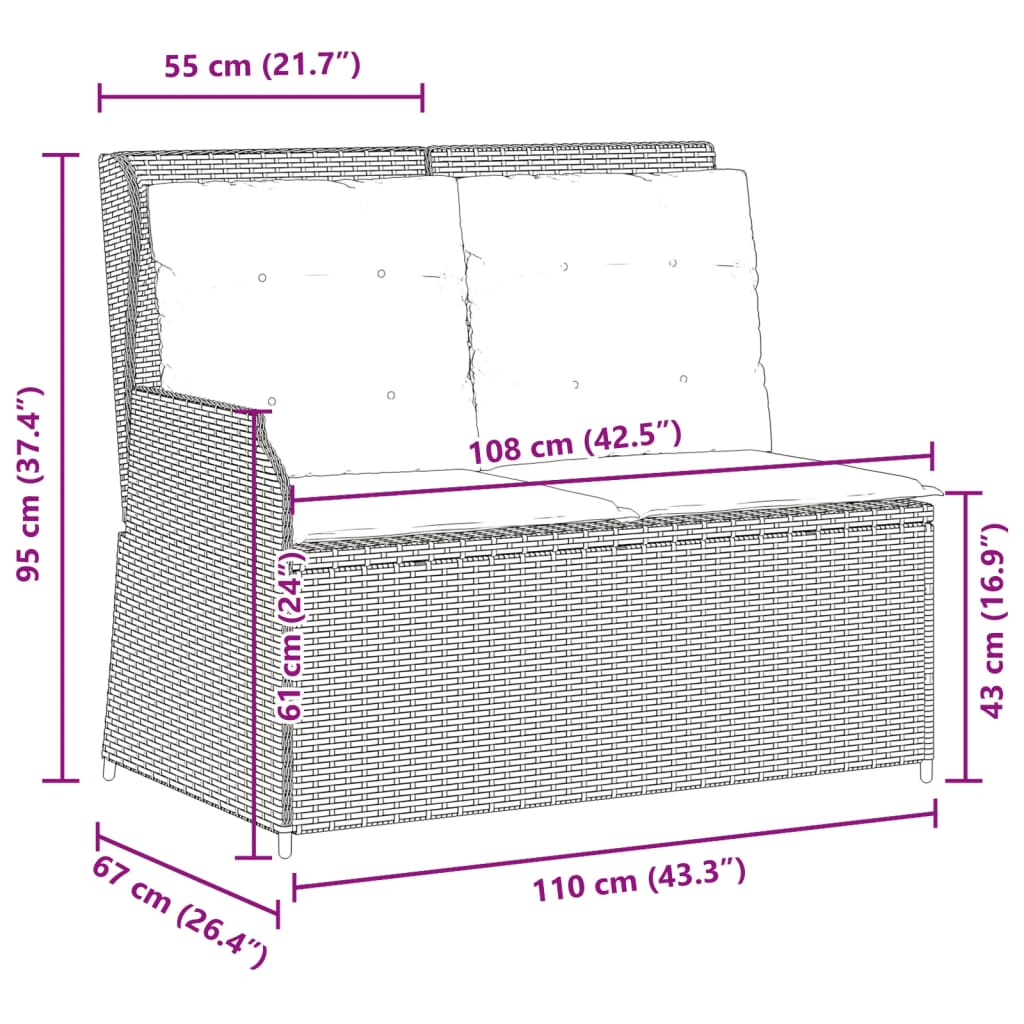 Gartenbank Verstellbar mit Kissen Schwarz Poly Rattan