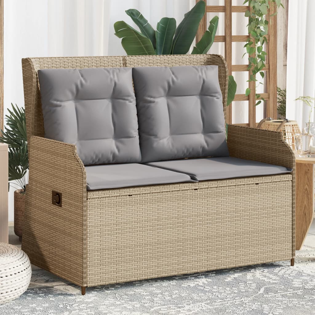 Gartenbank Verstellbar mit Kissen Beige Poly Rattan