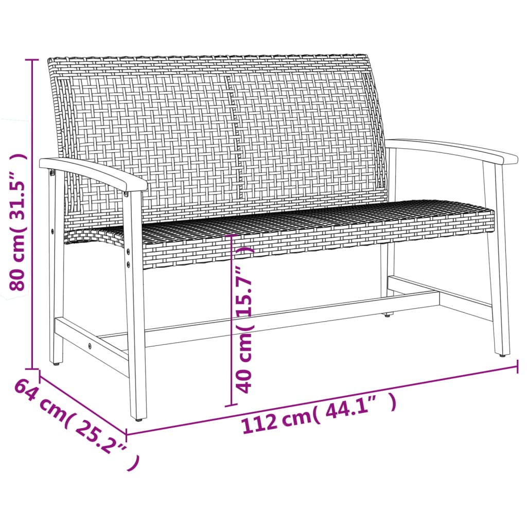 Gartenbank Grau 112 cm Poly Rattan und Akazienholz