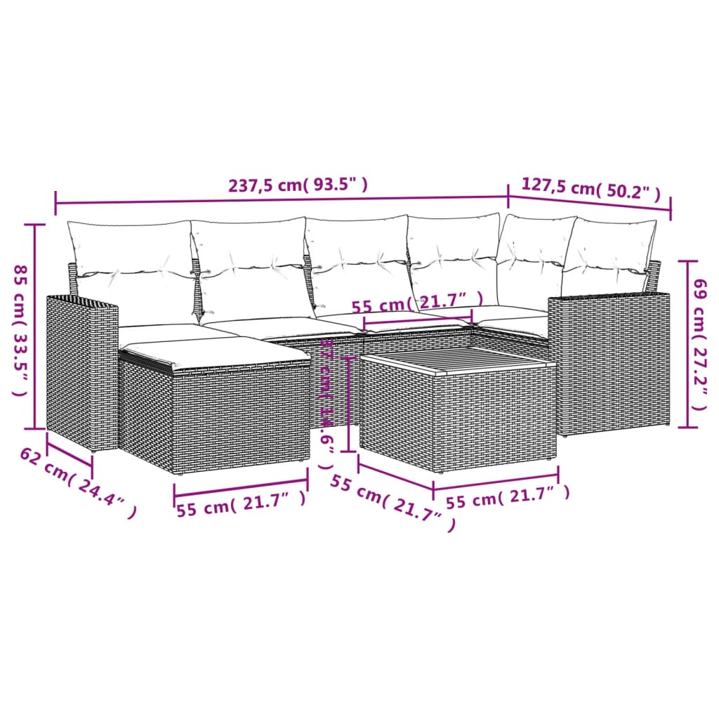 7-tlg. Garten-Sofagarnitur mit Kissen Schwarz Poly Rattan