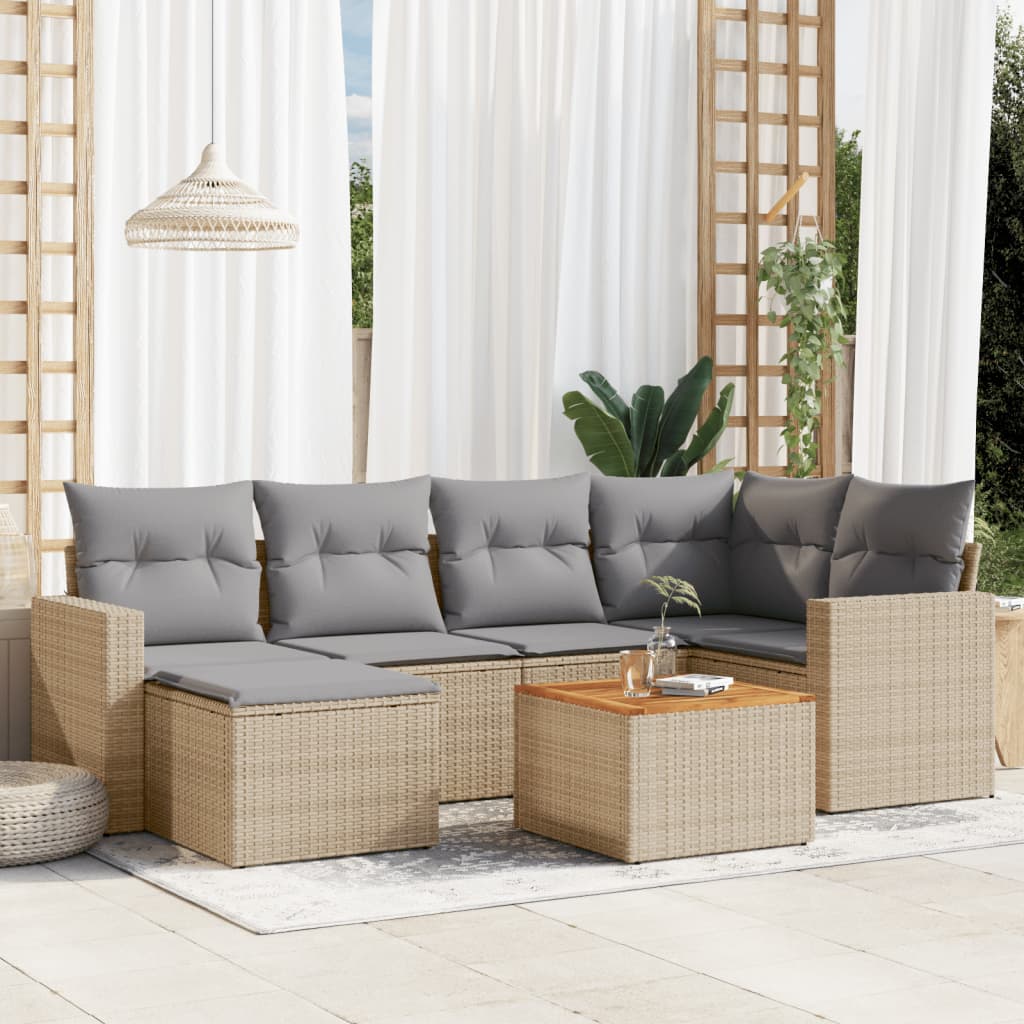 7-tlg. Garten-Sofagarnitur mit Kissen Beige Poly Rattan