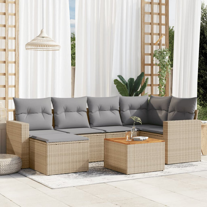 7-tlg. Garten-Sofagarnitur mit Kissen Beige Poly Rattan