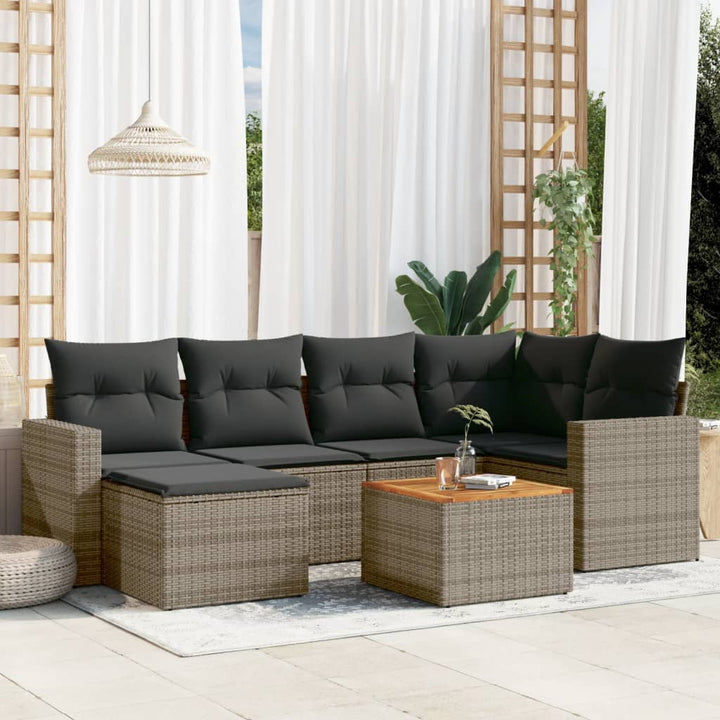 7-tlg. Garten-Sofagarnitur mit Kissen Grau Poly Rattan