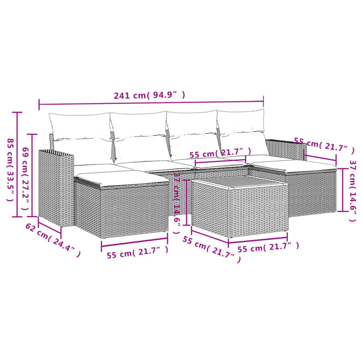 7-tlg. Garten-Sofagarnitur mit Kissen Grau Poly Rattan