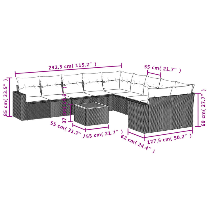 11-tlg. Garten-Sofagarnitur mit Kissen Beige Poly Rattan