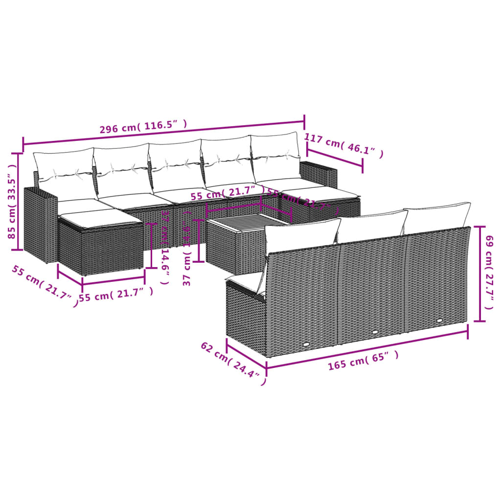 11-tlg. Garten-Sofagarnitur mit Kissen Beige Poly Rattan