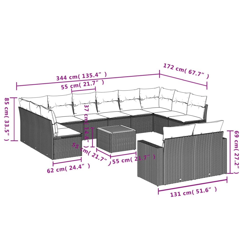 13-tlg. Garten-Sofagarnitur mit Kissen Grau Poly Rattan