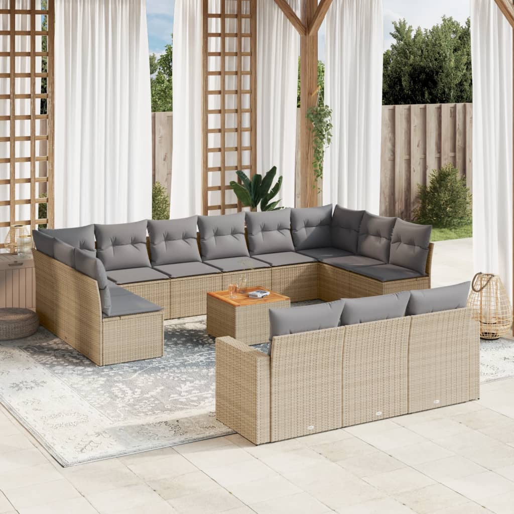 14-tlg. Garten-Sofagarnitur mit Kissen Beige Poly Rattan