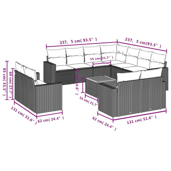 12-tlg. Garten-Sofagarnitur mit Kissen Beige Poly Rattan