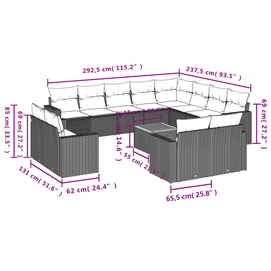 13-tlg. Garten-Sofagarnitur mit Kissen Beige Poly Rattan