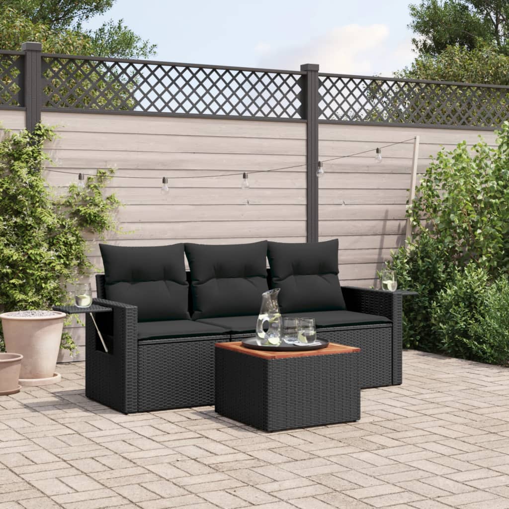 4-tlg. Garten-Sofagarnitur mit Kissen Schwarz Poly Rattan