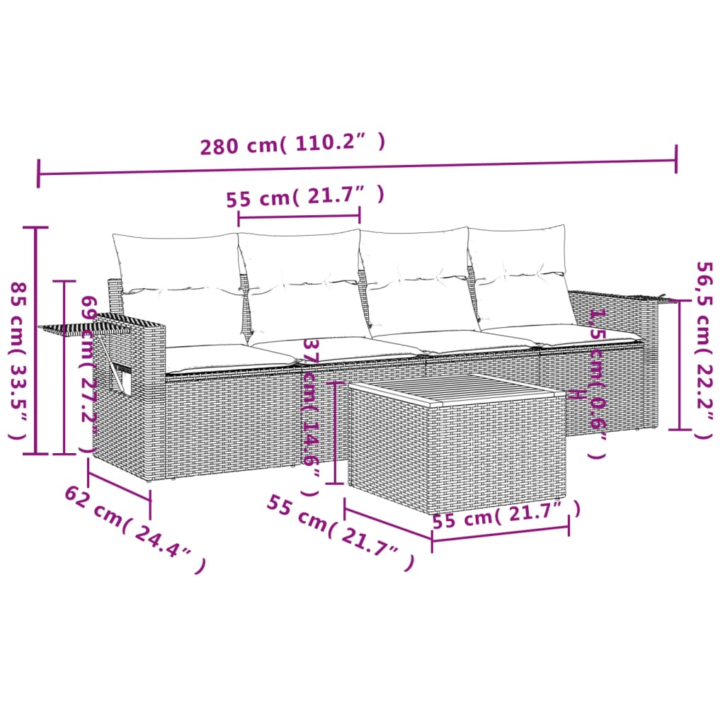 5-tlg. Garten-Sofagarnitur mit Kissen Schwarz Poly Rattan