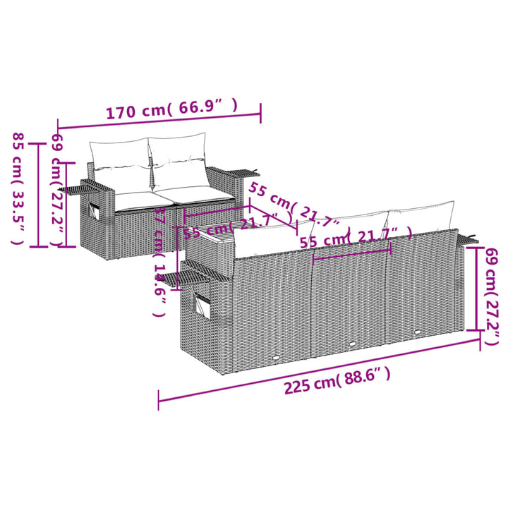 6-tlg. Garten-Sofagarnitur mit Kissen Grau Poly Rattan