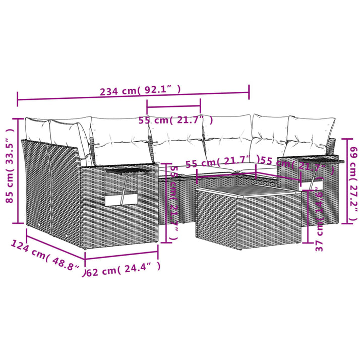 7-tlg. Garten-Sofagarnitur mit Kissen Grau Poly Rattan