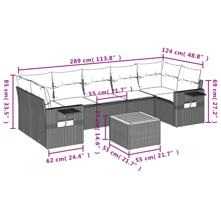 8-tlg. Garten-Sofagarnitur mit Kissen Schwarz Poly Rattan