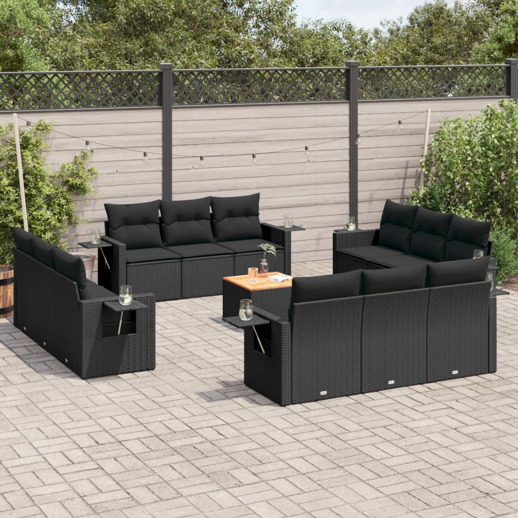 13-tlg. Garten-Sofagarnitur mit Kissen Schwarz Poly Rattan