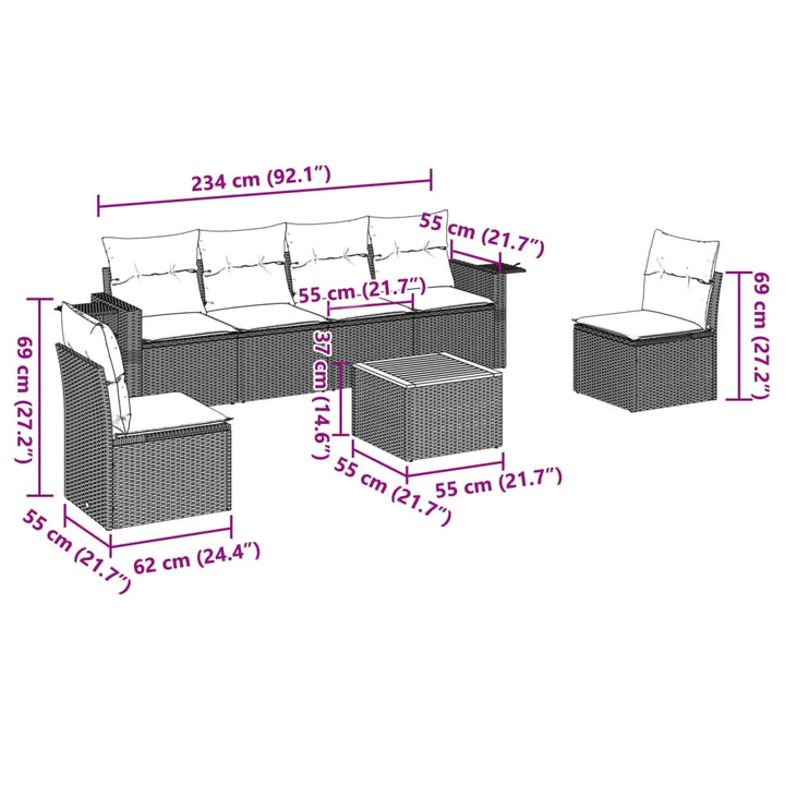 7-tlg. Garten-Sofagarnitur mit Kissen Schwarz Poly Rattan