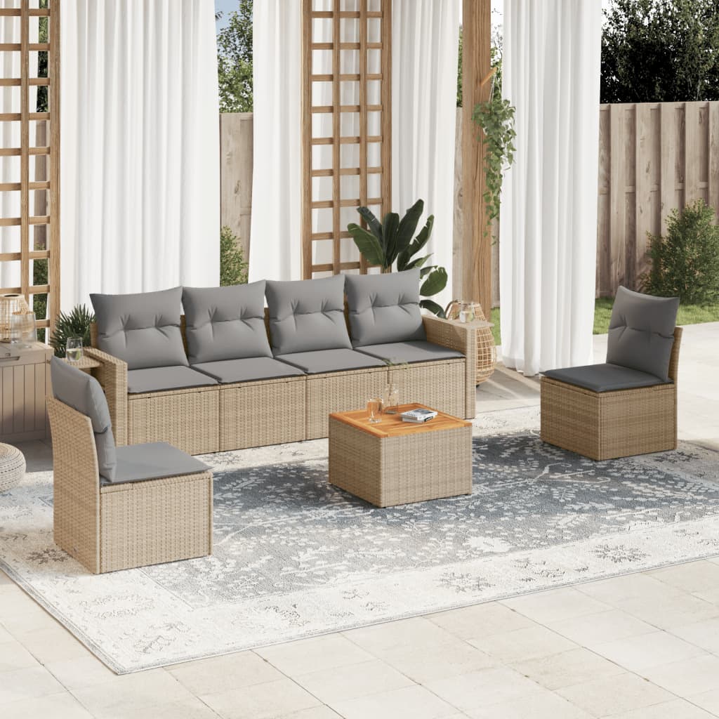 7-tlg. Garten-Sofagarnitur mit Kissen Beige Poly Rattan